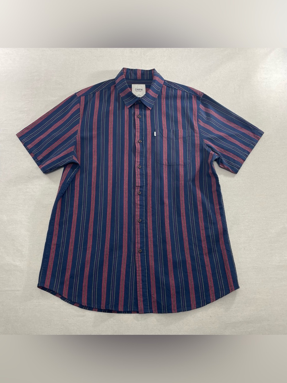 Katin Shirt Men's L Blue Red Striped Linen Blend Button Up Short Sleeve Men